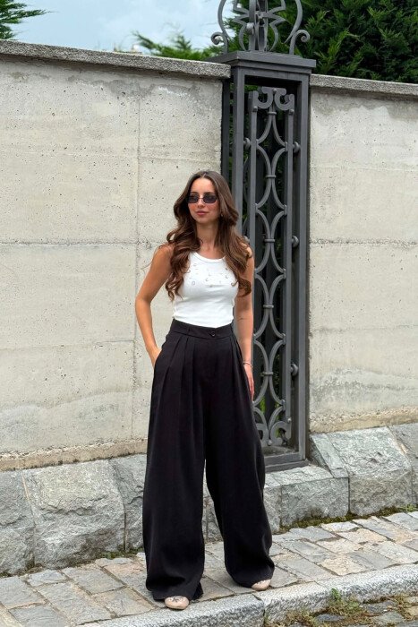 ONE COLOR WIDE LEG WOMEN TROUSERS BLACK/ E ZEZE - 3
