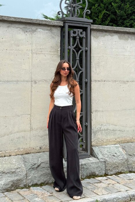 ONE COLOR WIDE LEG WOMEN TROUSERS BLACK/ E ZEZE - 5