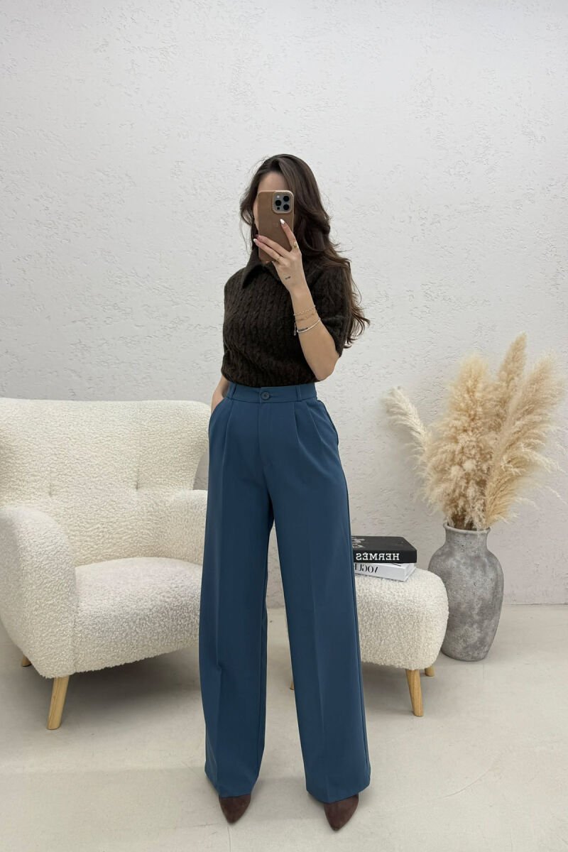 ONE COLOR WIDE LEG WOMEN TROUSERS BLUE STONE/GK - 1