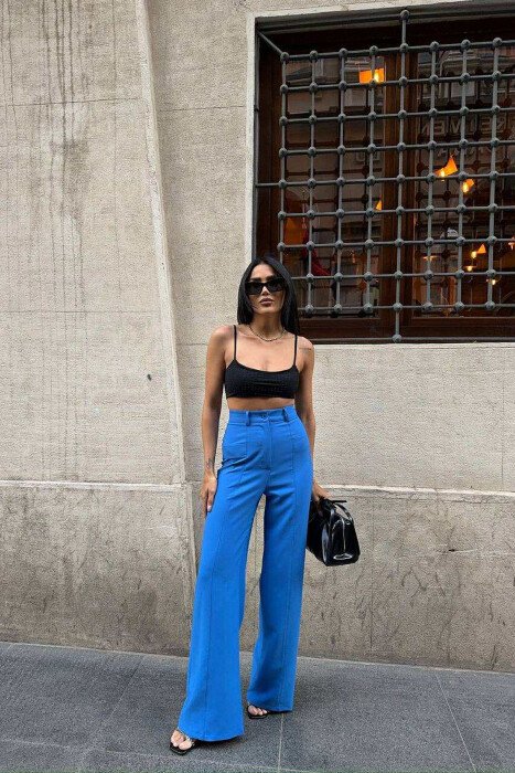 ONE COLOR WIDE LEG WOMEN TROUSERS BLUE/BLU - 2