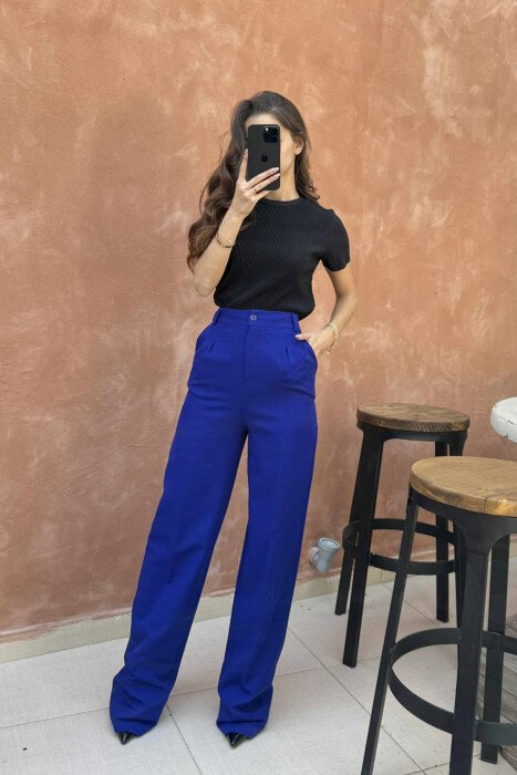 ONE COLOR WIDE LEG WOMEN TROUSERS BLUE/BLU - 2