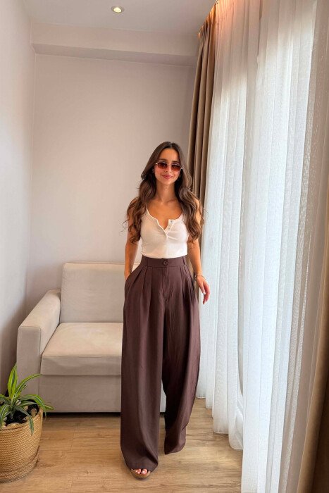 ONE COLOR WIDE LEG WOMEN TROUSERS BROWN/KAFE - 1