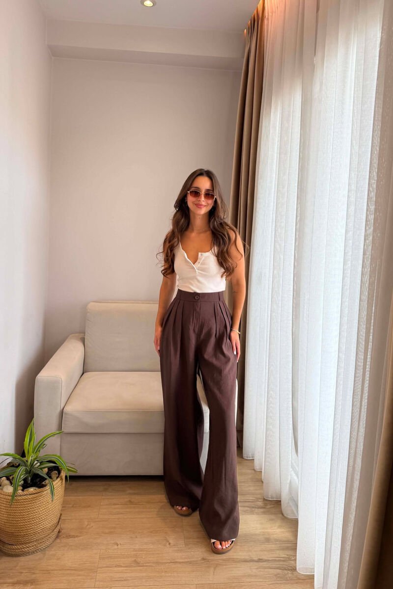 ONE COLOR WIDE LEG WOMEN TROUSERS BROWN/KAFE - 2