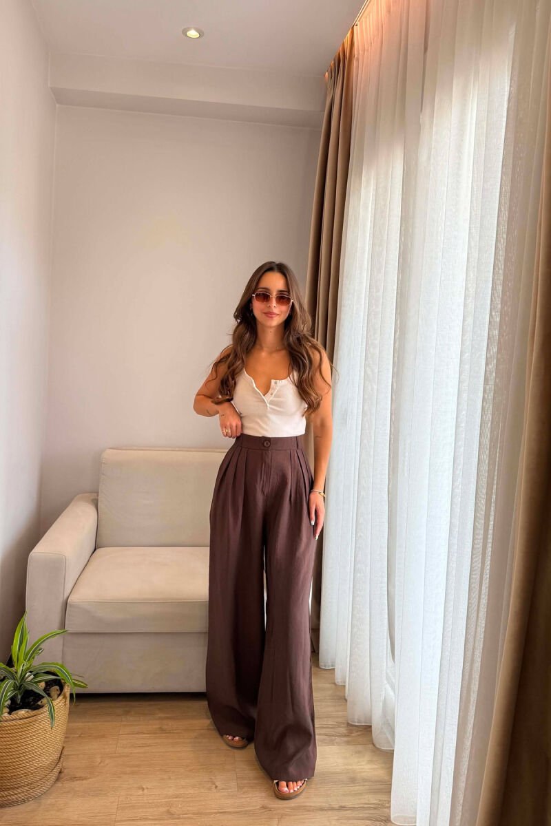 ONE COLOR WIDE LEG WOMEN TROUSERS BROWN/KAFE - 5