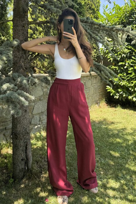 ONE COLOR WIDE LEG WOMEN TROUSERS BURGUNDY/VISHNJE - KLAUDIO FASHION