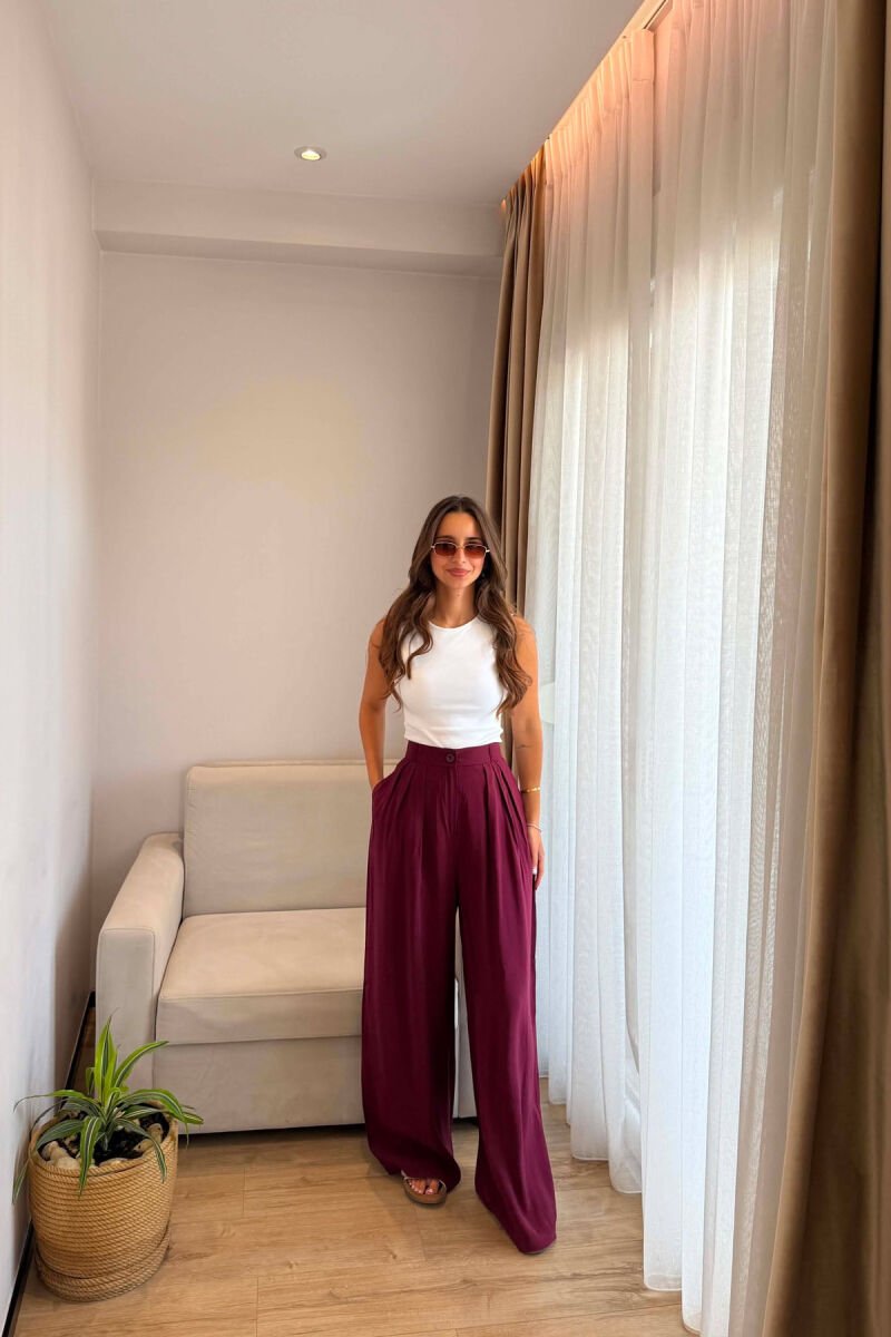 ONE COLOR WIDE LEG WOMEN TROUSERS BURGUNDY/VISHNJE - 1