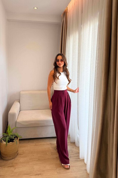 ONE COLOR WIDE LEG WOMEN TROUSERS BURGUNDY/VISHNJE - 3