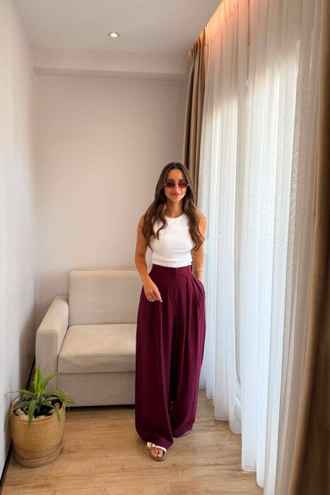 ONE COLOR WIDE LEG WOMEN TROUSERS BURGUNDY/VISHNJE - 5