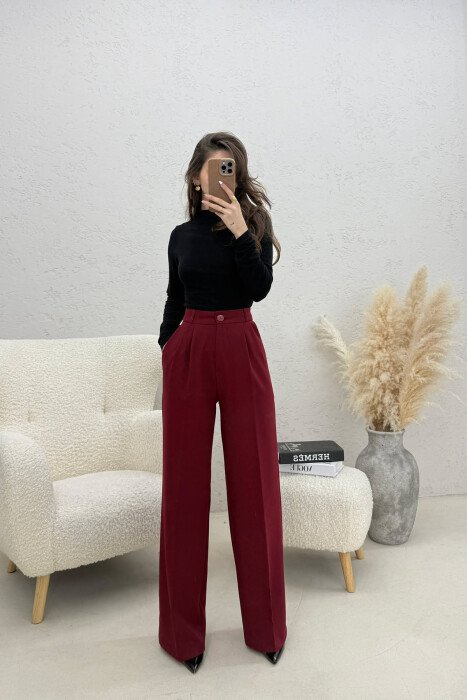 ONE COLOR WIDE LEG WOMEN TROUSERS BURGUNDY/VISHNJE - KLAUDIO FASHION