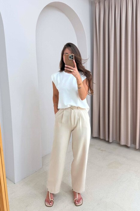 ONE COLOR WIDE LEG WOMEN TROUSERS CREAM/KREM - 3