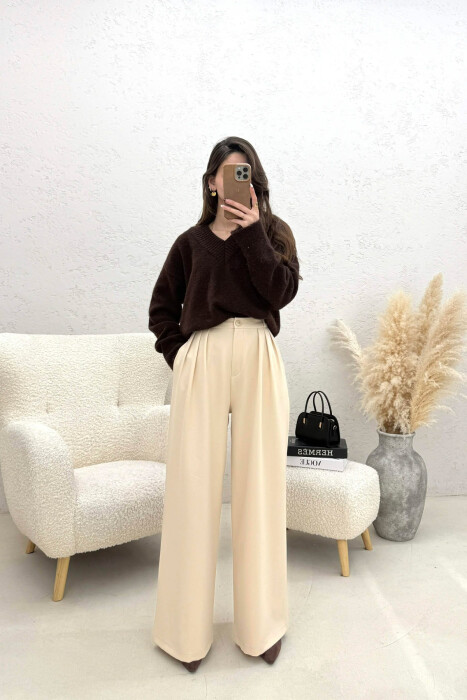 ONE COLOR WIDE LEG WOMEN TROUSERS CREAM/KREM 