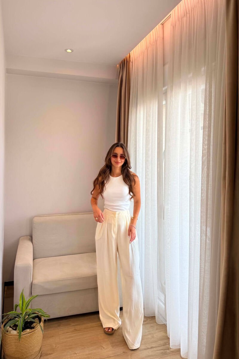 ONE COLOR WIDE LEG WOMEN TROUSERS CREAM/KREM - 1