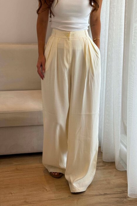 ONE COLOR WIDE LEG WOMEN TROUSERS CREAM/KREM - 3
