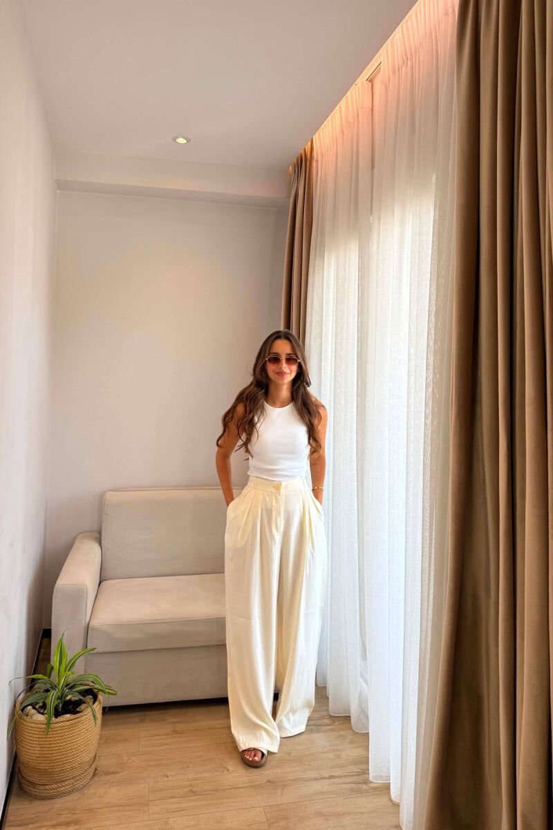 ONE COLOR WIDE LEG WOMEN TROUSERS CREAM/KREM - 4