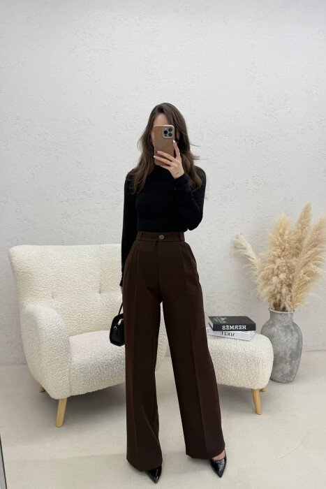 ONE COLOR WIDE LEG WOMEN TROUSERS DARK BROWN/KAE - KLAUDIO FASHION