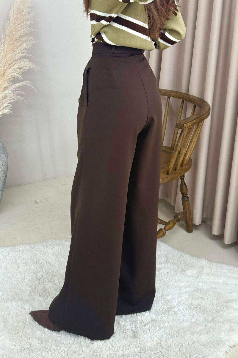 ONE COLOR WIDE LEG WOMEN TROUSERS DARK BROWN/KAE - 4