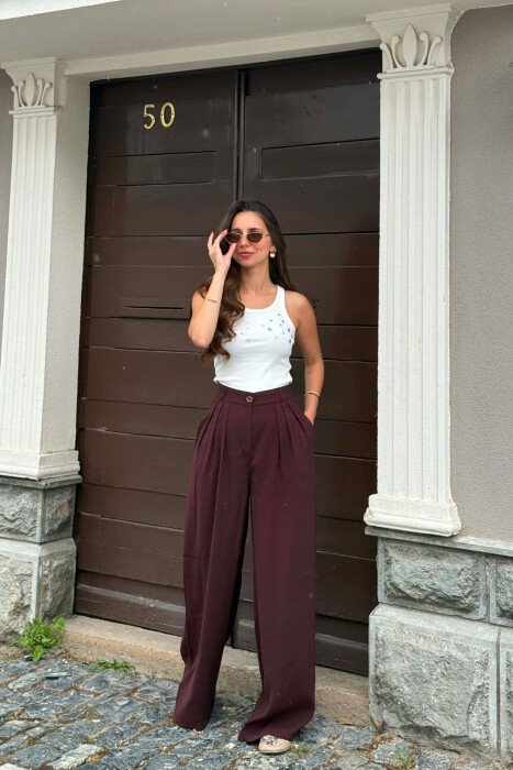 ONE COLOR WIDE LEG WOMEN TROUSERS DARK BROWN/KAE - 3