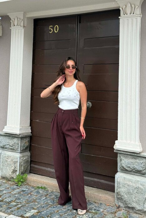 ONE COLOR WIDE LEG WOMEN TROUSERS DARK BROWN/KAE - 9