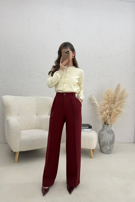 ONE COLOR WIDE LEG WOMEN TROUSERS DARK BURGUNDY/VISHNJE E ERRET - KLAUDIO FASHION
