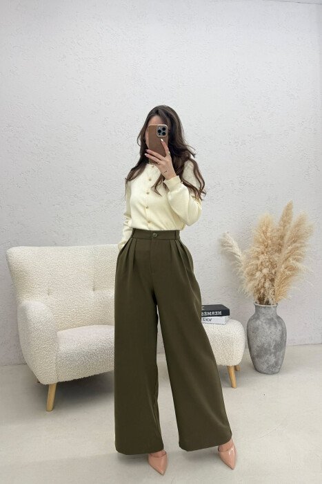 ONE COLOR WIDE LEG WOMEN TROUSERS DARK GREEN/JEE - KLAUDIO FASHION