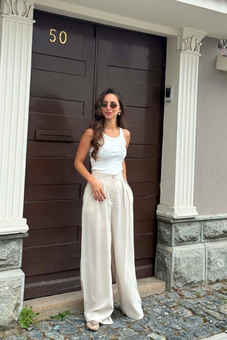 ONE COLOR WIDE LEG WOMEN TROUSERS LIGHT BEIGE/BZHZB - 2