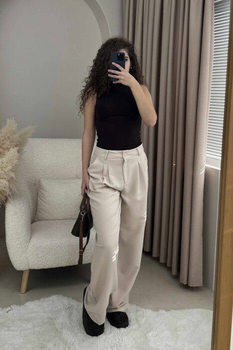ONE COLOR WIDE LEG WOMEN TROUSERS LIGHT BEIGE/BZHZB - 5
