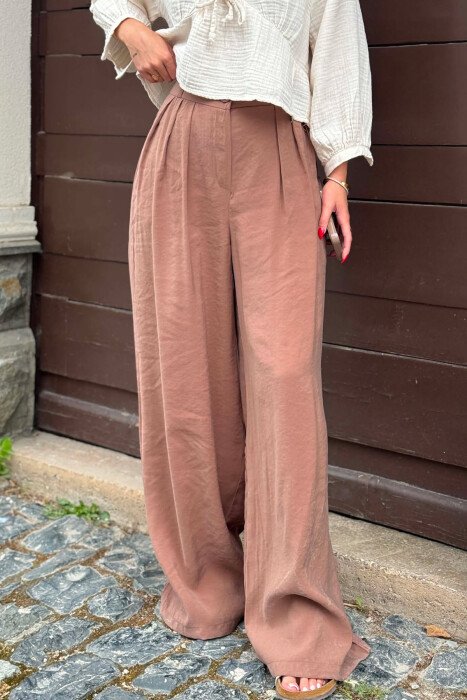ONE COLOR WIDE LEG WOMEN TROUSERS LIGHT BROWN/KAZB - 3