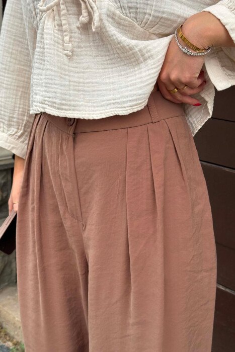 ONE COLOR WIDE LEG WOMEN TROUSERS LIGHT BROWN/KAZB - 4