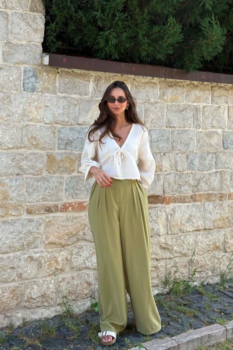 ONE COLOR WIDE LEG WOMEN TROUSERS LIGHT GREEN/JEZB 