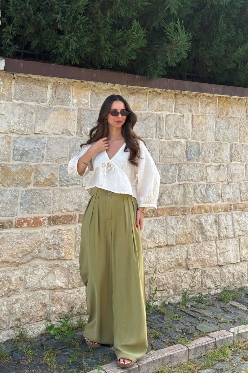ONE COLOR WIDE LEG WOMEN TROUSERS LIGHT GREEN/JEZB - 5