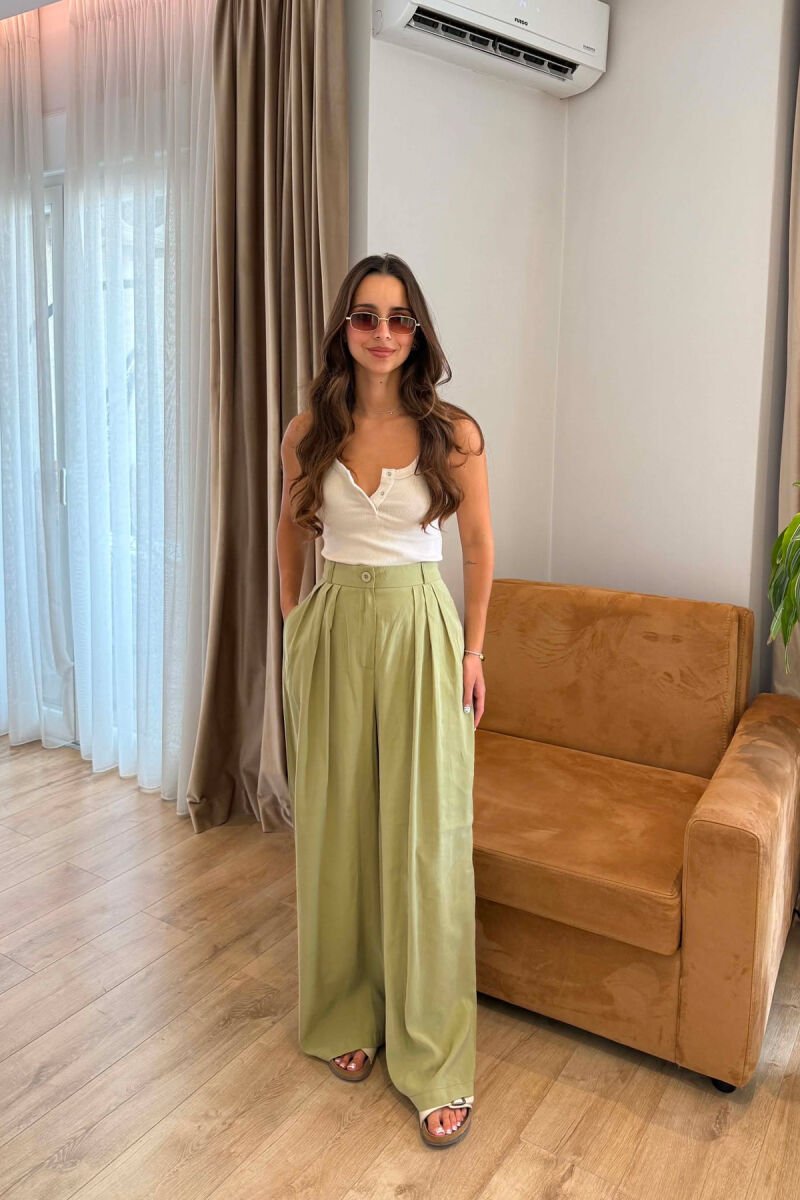 ONE COLOR WIDE LEG WOMEN TROUSERS LIGHT GREEN/JEZB - 2