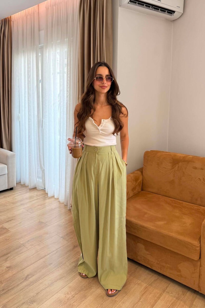ONE COLOR WIDE LEG WOMEN TROUSERS LIGHT GREEN/JEZB - 6