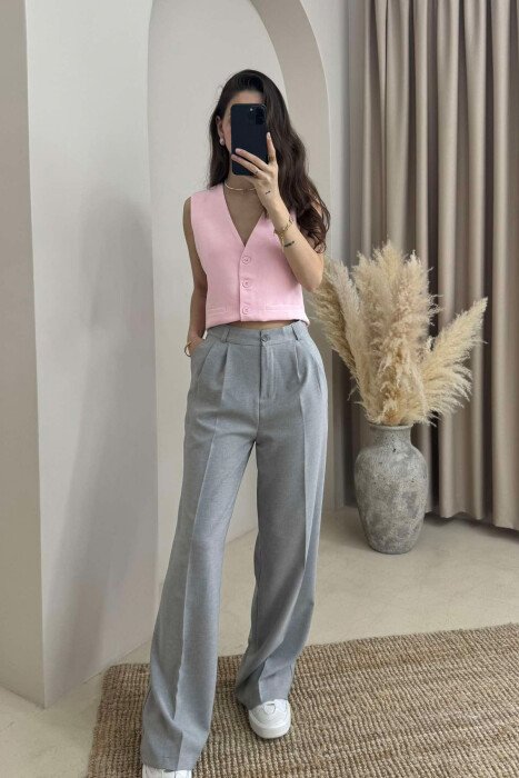 ONE COLOR WIDE LEG WOMEN TROUSERS LIGHT GREY/GZ - KLAUDIO FASHION
