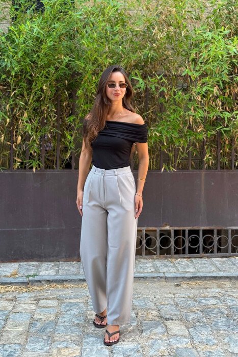 ONE COLOR WIDE LEG WOMEN TROUSERS LIGHT GREY/GZ - 4