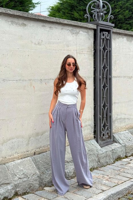 ONE COLOR WIDE LEG WOMEN TROUSERS LIGHT GREY/GZ - 4