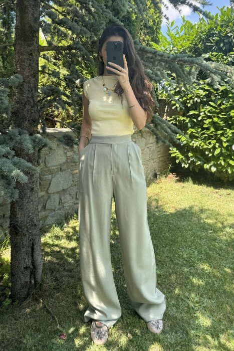 ONE COLOR WIDE LEG WOMEN TROUSERS MINT/MENTE - KLAUDIO FASHION