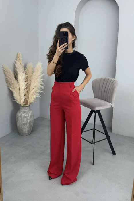 ONE COLOR WIDE LEG WOMEN TROUSERS RED/E KUQE - 5