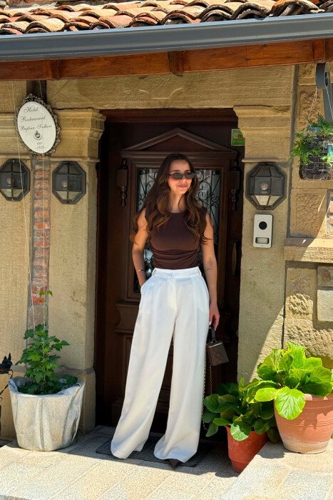 ONE COLOR WIDE LEG WOMEN TROUSERS WHITE-E BARDHE - 2