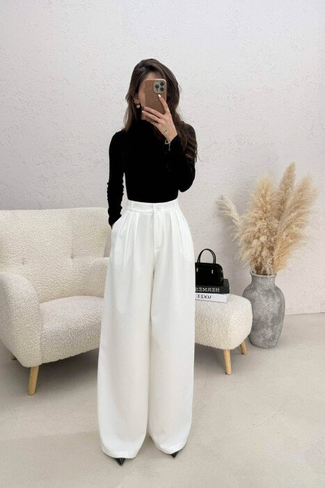ONE COLOR WIDE LEG WOMEN TROUSERS WHITE-E BARDHE - 8