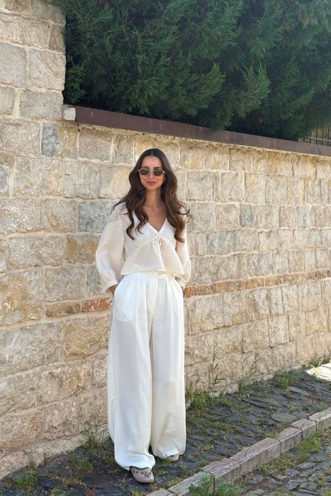 ONE COLOR WIDE LEG WOMEN TROUSERS WHITE-E BARDHE 