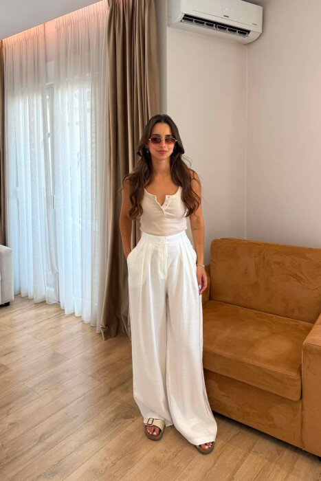 ONE COLOR WIDE LEG WOMEN TROUSERS WHITE-E BARDHE 