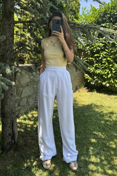 ONE COLOR WIDE LEG WOMEN TROUSERS WHITE-E BARDHE - KLAUDIO FASHION