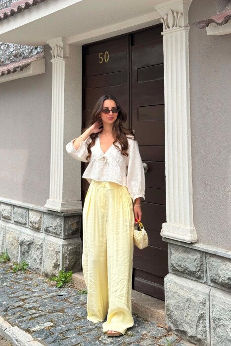 ONE COLOR WIDE LEG WOMEN TROUSERS YELLOW/E VERDHE 