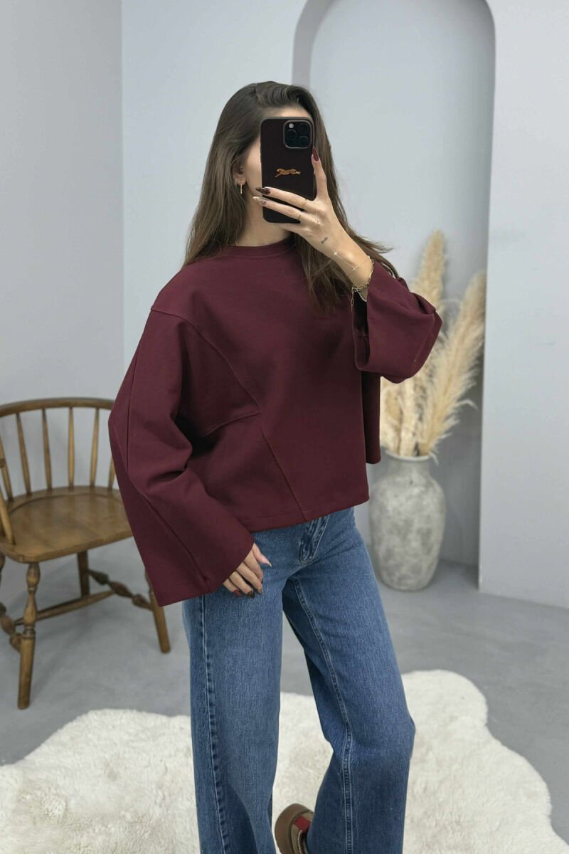 ONE COLOR WIDE ROUND NECK WOMEN SWEATSHIRT BURGUNDY/VISHNJE - 1