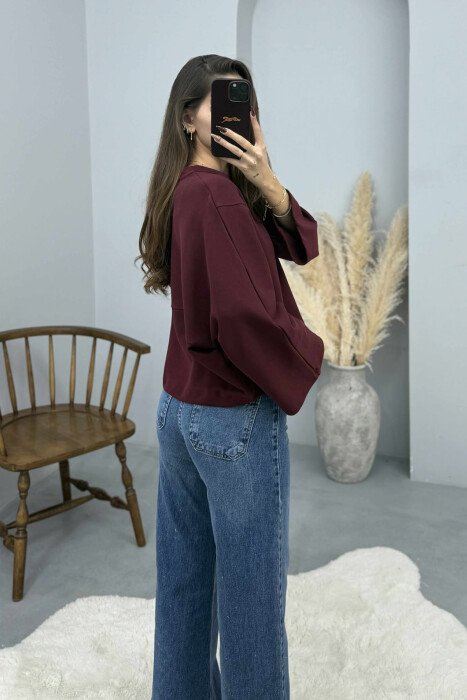 ONE COLOR WIDE ROUND NECK WOMEN SWEATSHIRT BURGUNDY/VISHNJE - 2