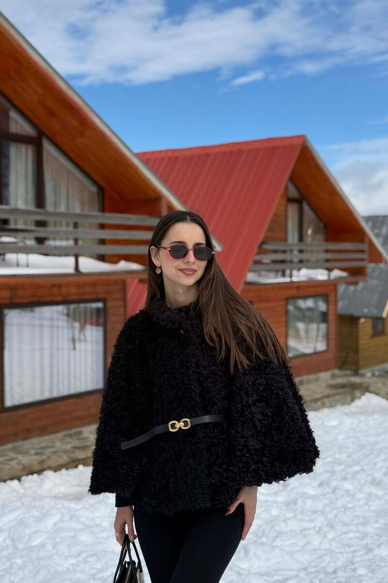 ONE COLOR WOOL BELT DETAIL WOMEN CAPE COAT BLACK/ E ZEZE - 1