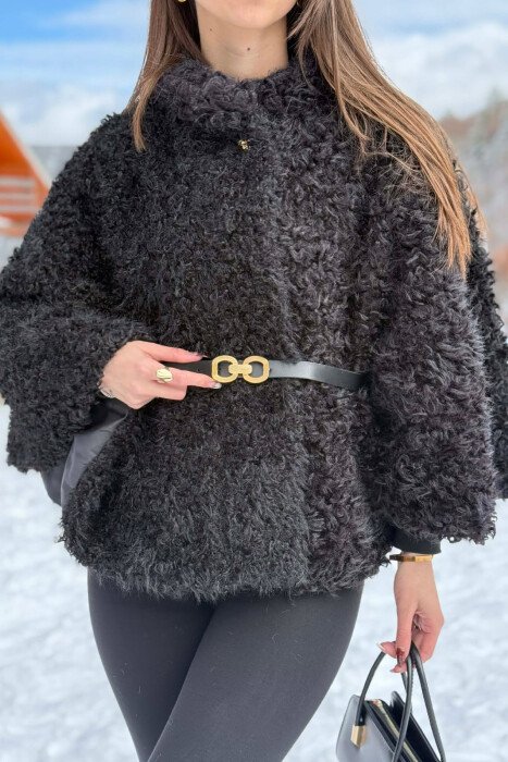 ONE COLOR WOOL BELT DETAIL WOMEN CAPE COAT BLACK/ E ZEZE - 2