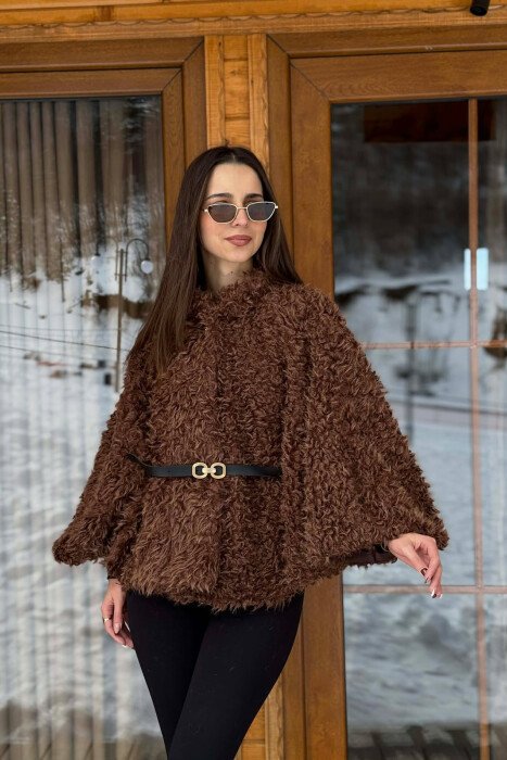 ONE COLOR WOOL BELT DETAIL WOMEN CAPE COAT BROWN/KAFE - 3