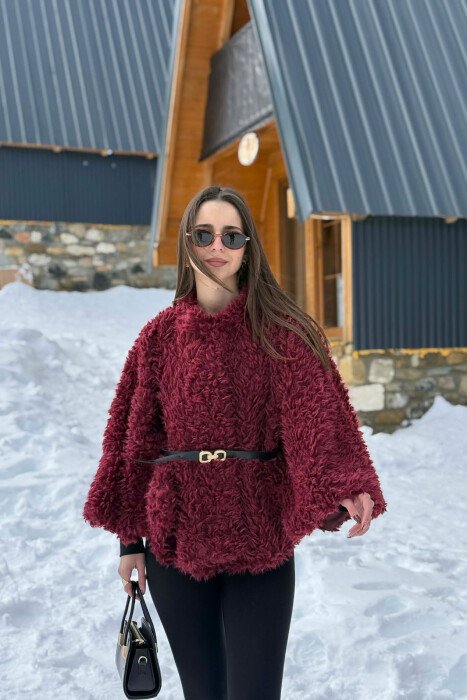 ONE COLOR WOOL BELT DETAIL WOMEN CAPE COAT BURGUNDY/VISHNJE - 1