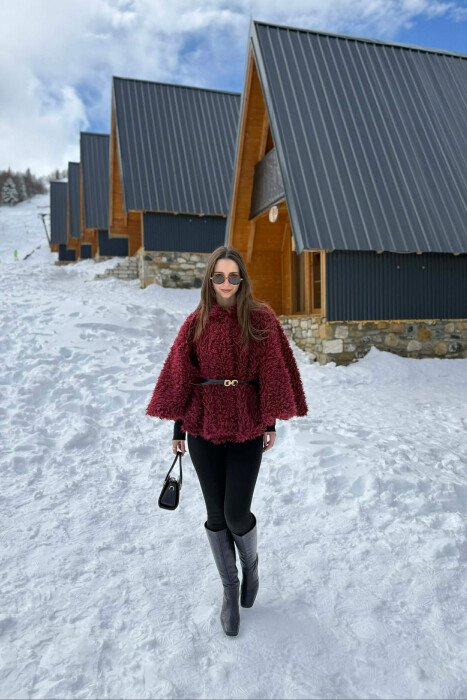 ONE COLOR WOOL BELT DETAIL WOMEN CAPE COAT BURGUNDY/VISHNJE - 3